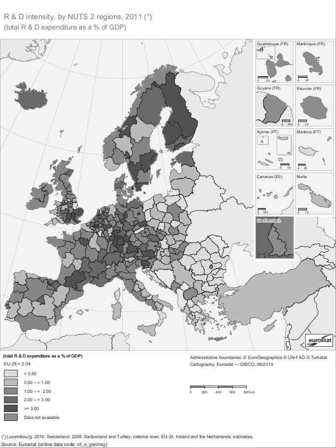 Figura 3 – Ricerca e sviluppo (R&D) in Europa Eurostat, Regional Yearbook 2014