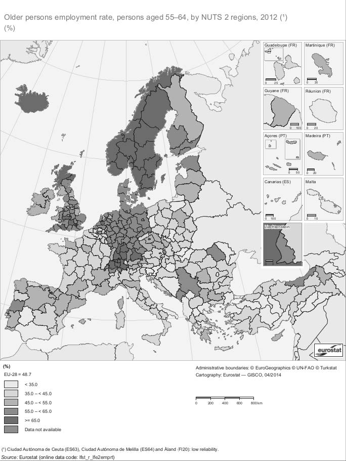 Figura 12 – Popolazione occupata tra i 55 e i 64 anni Eurostat, Regional Yearbook 2014