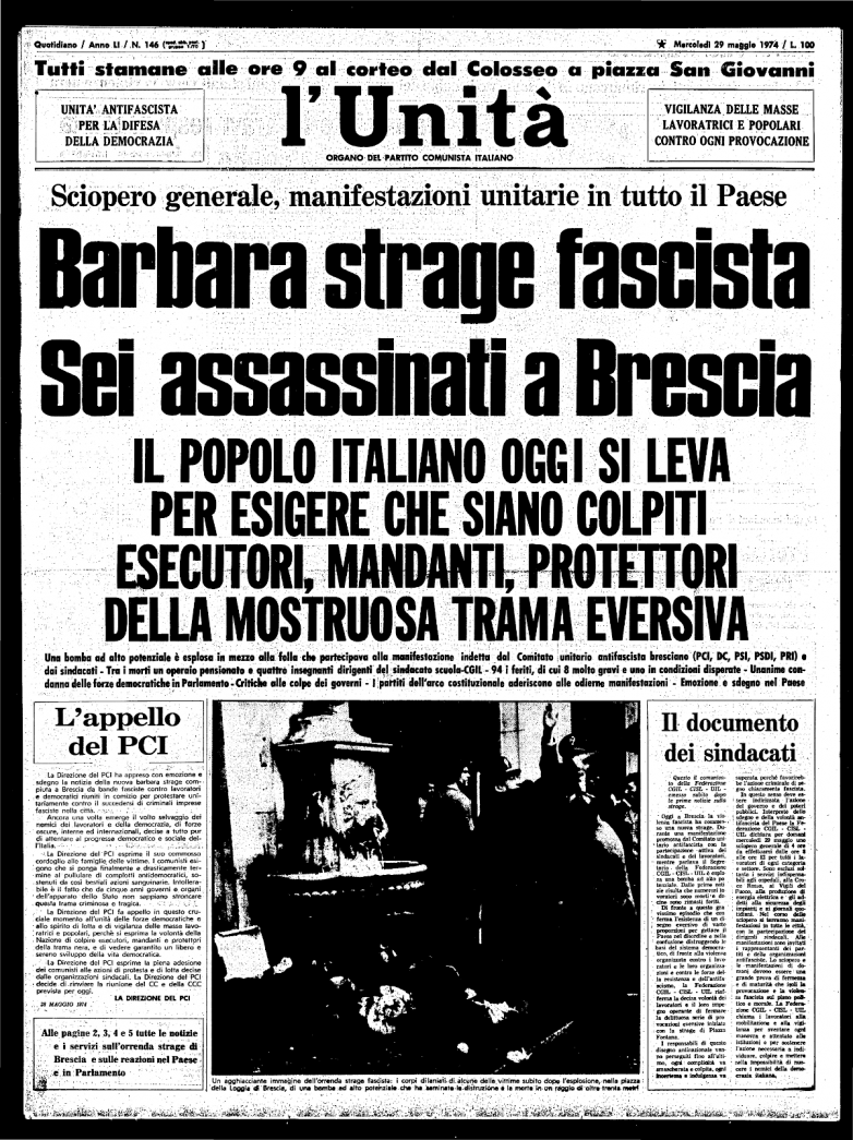 28 maggio 1974:  la bomba fascista in Piazza della Loggia a Brescia